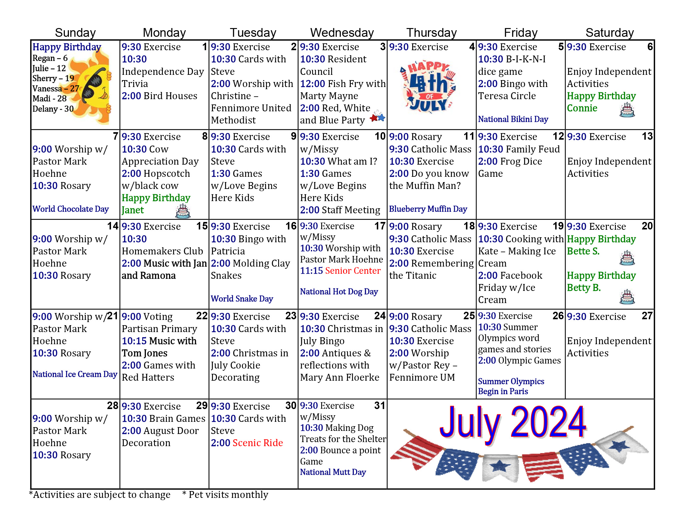 Morningside Assisted Living July calendar