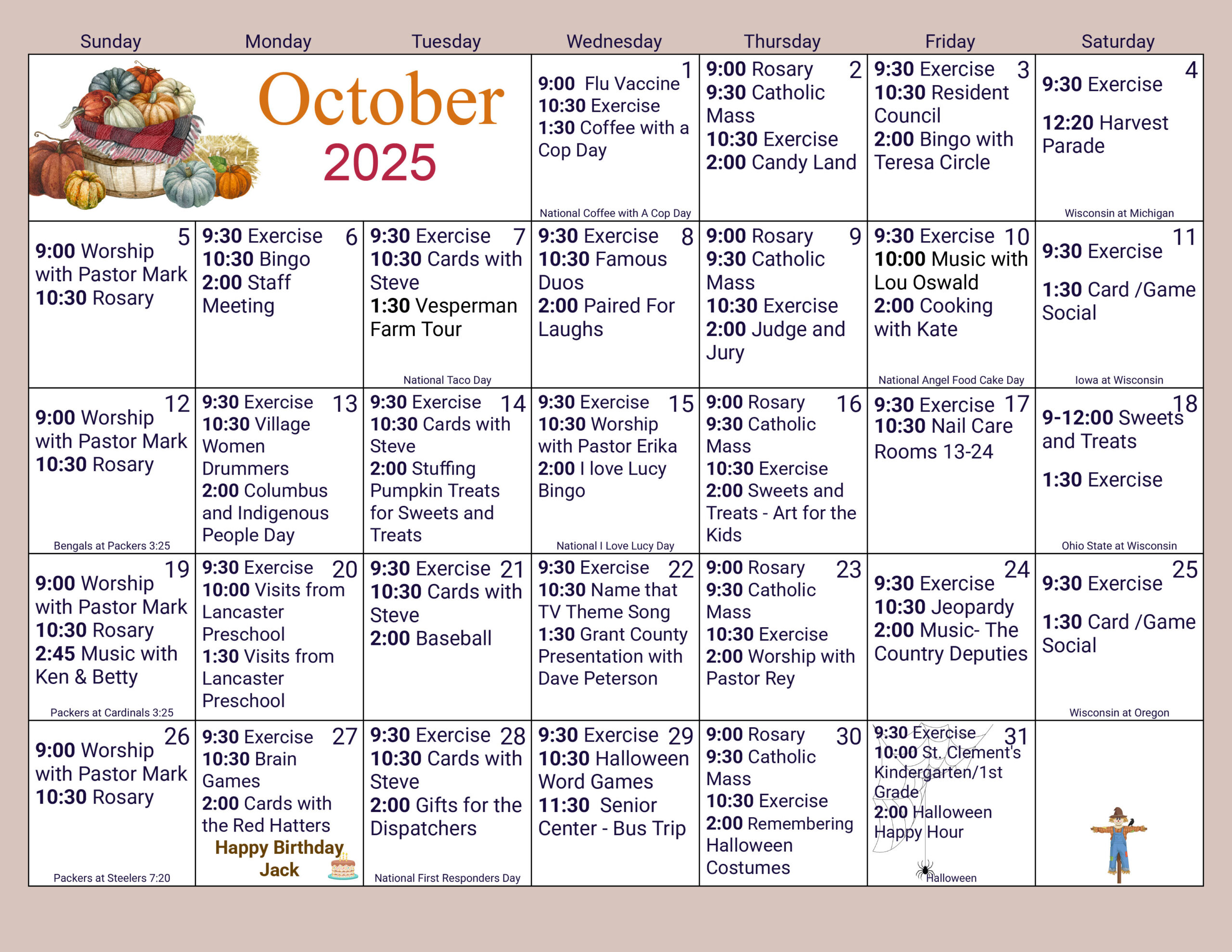 Morningside Assisted Living October 2025 calendar