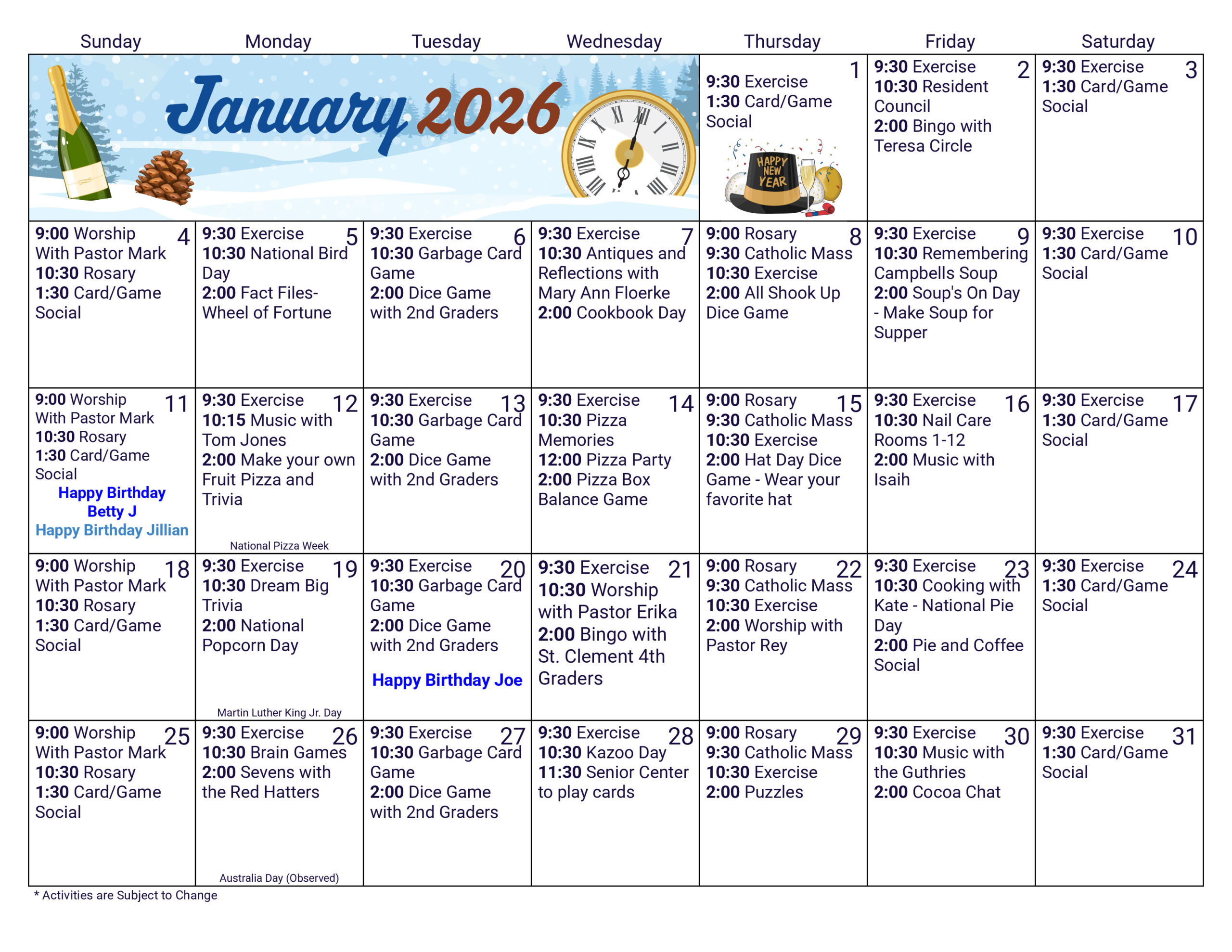 Morningside Assisted Living January 2026 calendar