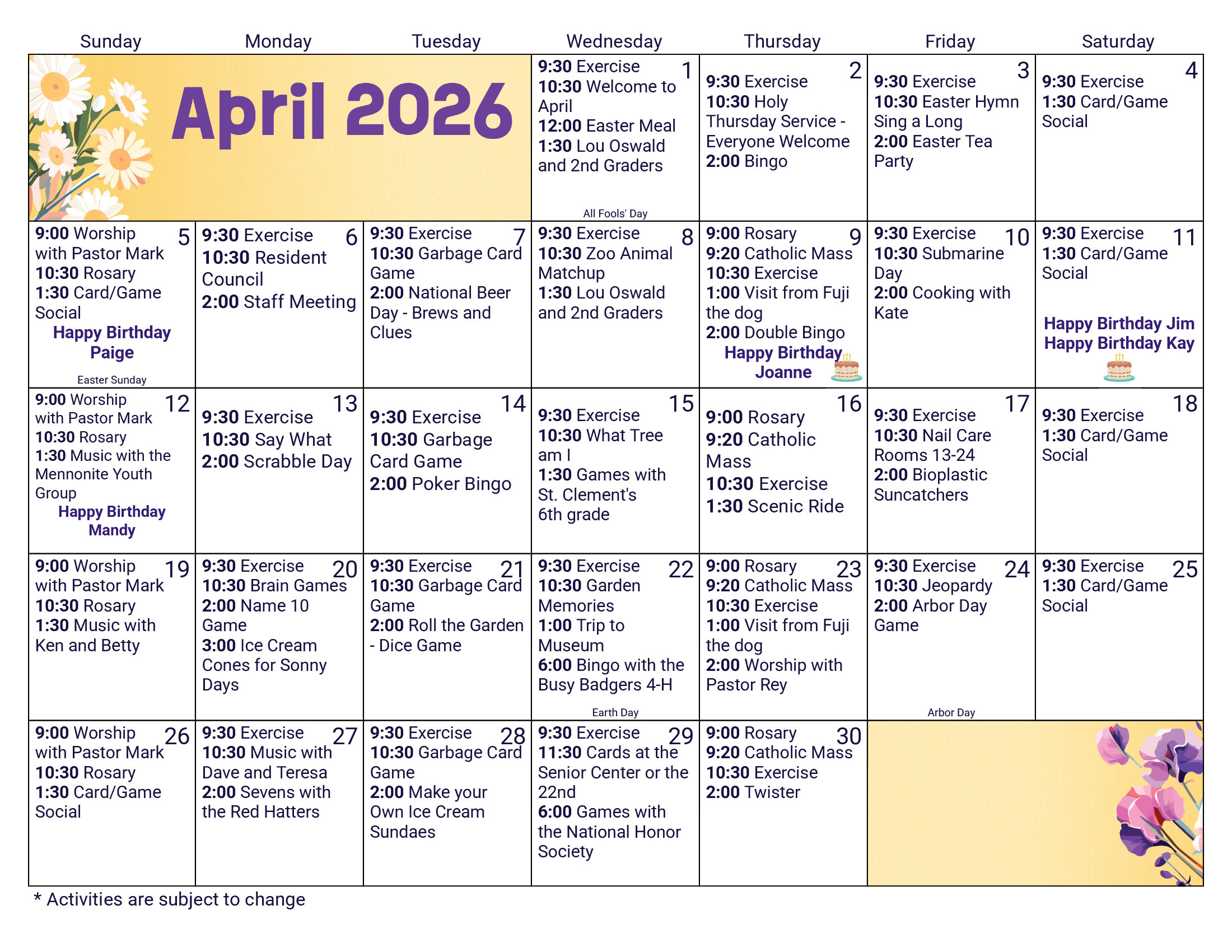 Morningside Assisted Living April 2026 calendar