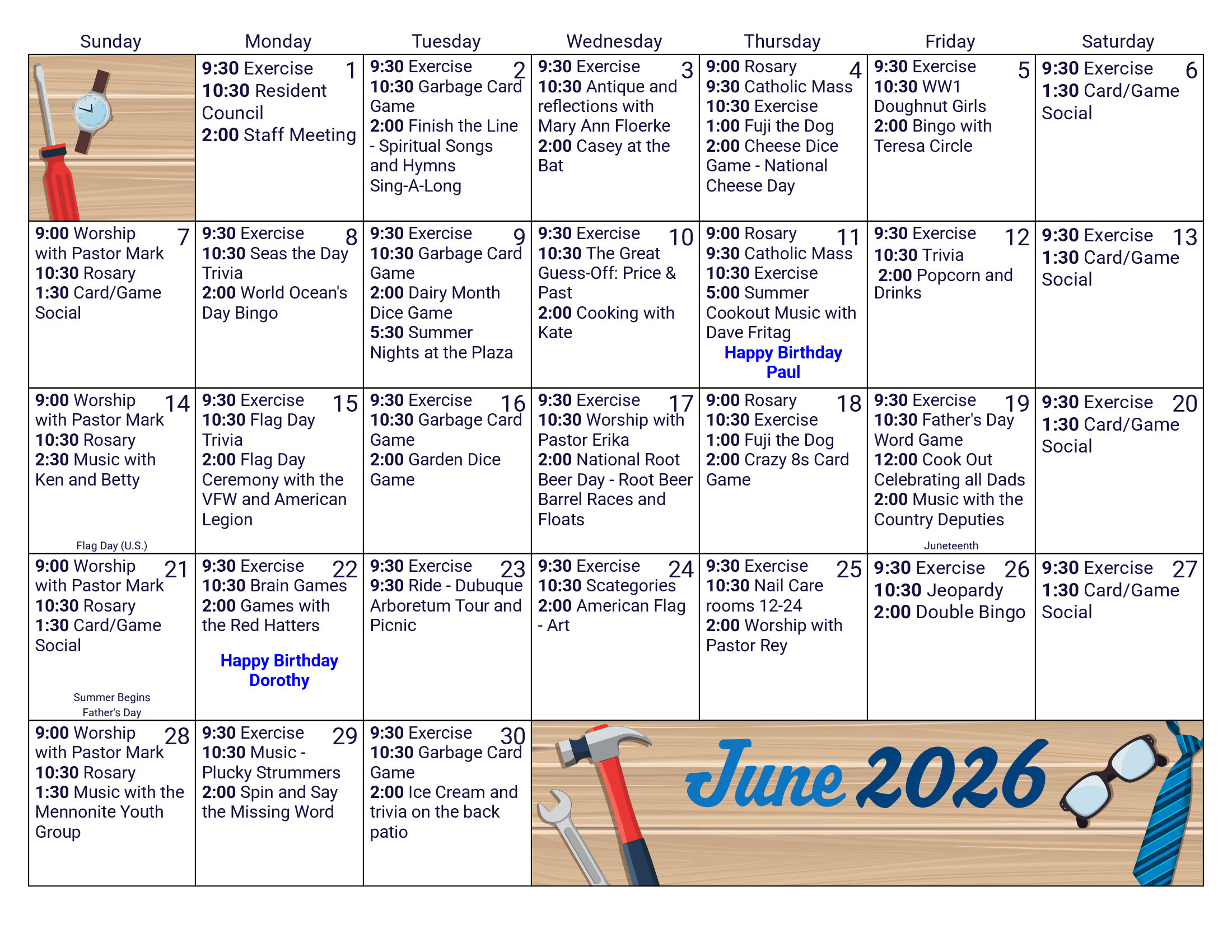 Morningside Assisted Living June 2026 calendar