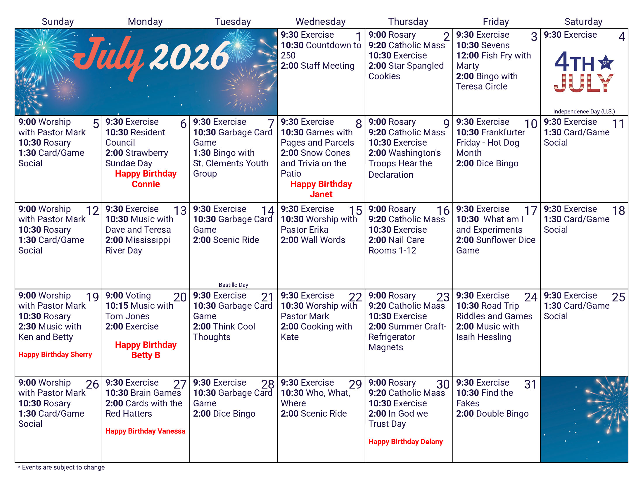 Morningside Assisted Living July 2026 calendar