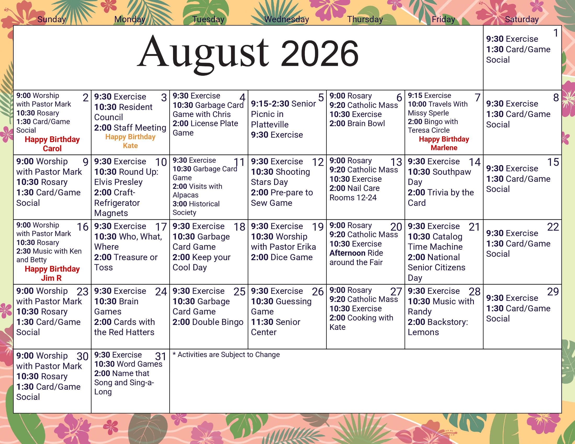 Morningside Assisted Living August 2026 calendar