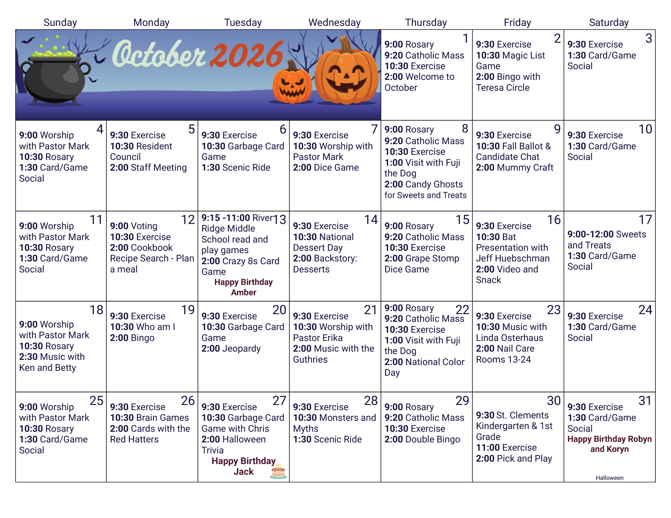 Morningside Assisted Living October 2026 calendar